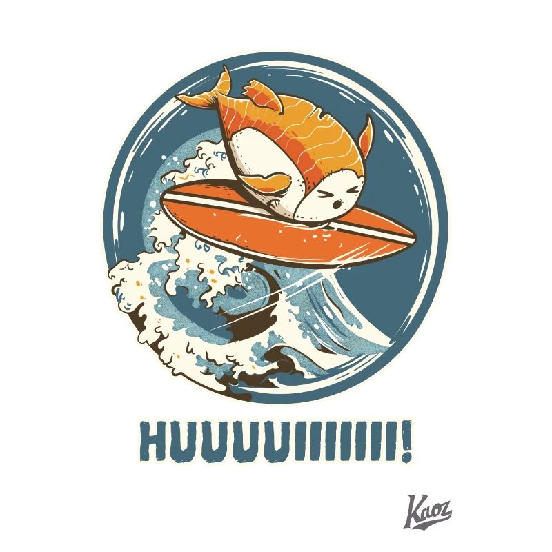 Funny sushi fish surfing on a wave