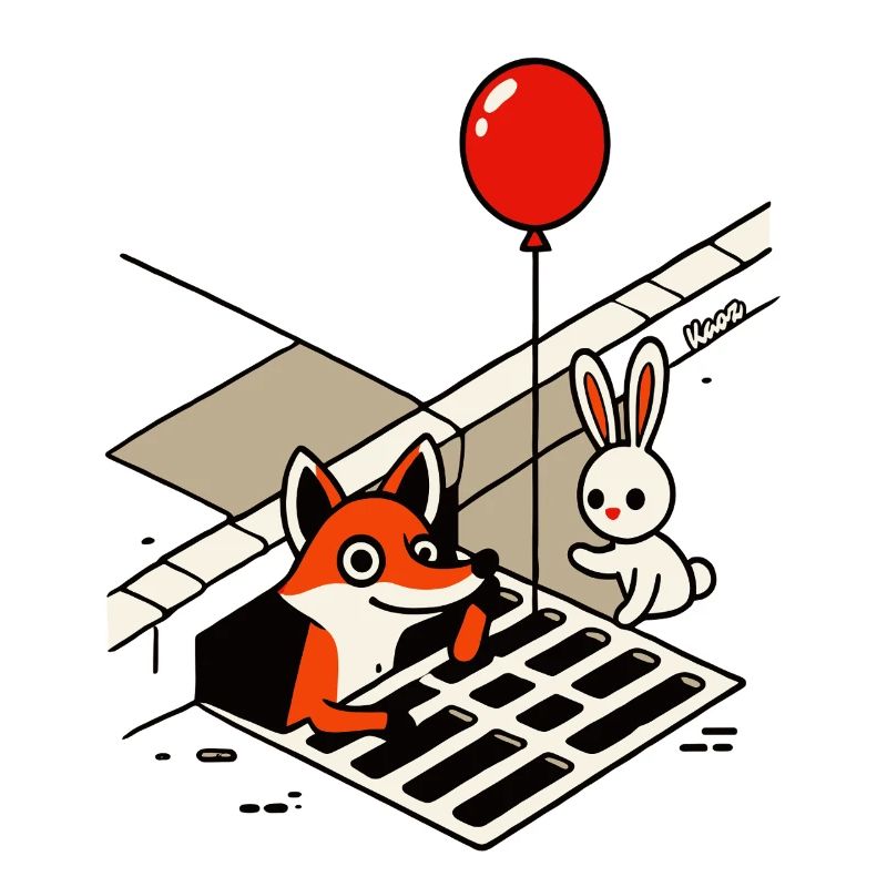 C’est drôle de renard avec ballon et lapin dans le drain