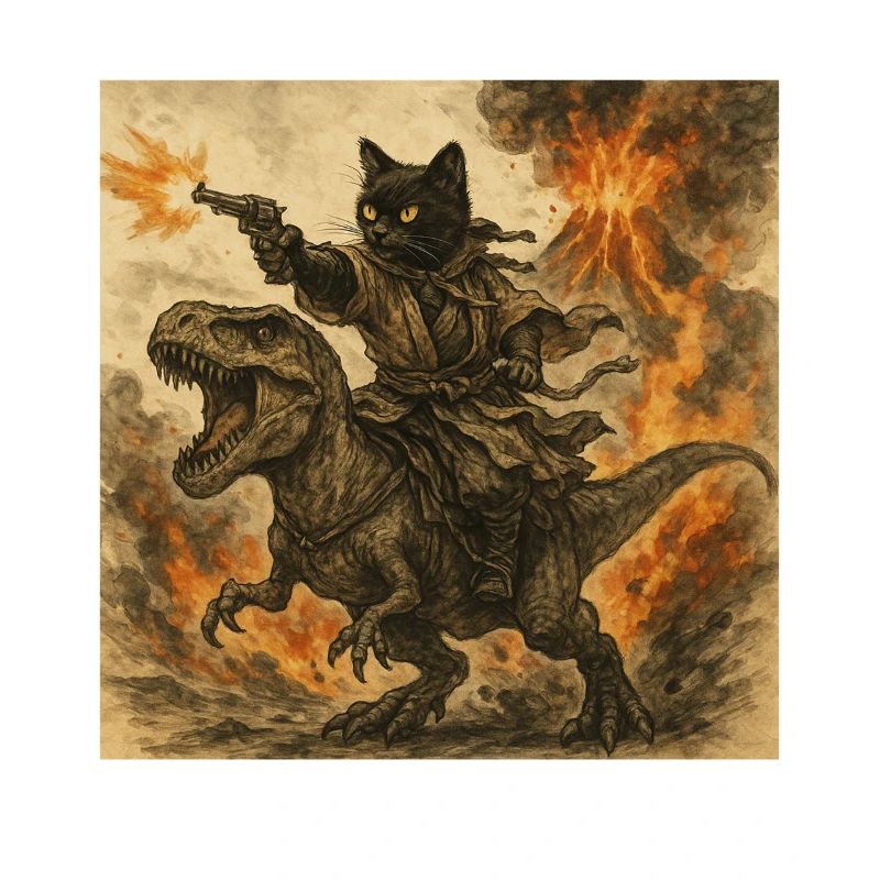 Samurai-Katze reitet auf Dinosaurier bei Vulkanausbruch