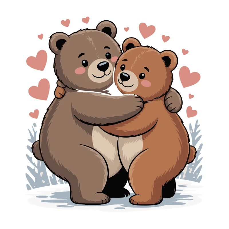 Two bears hug with hearts