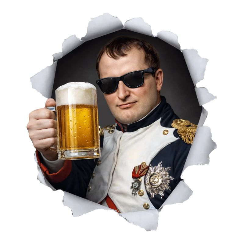Napoleon holds a beer