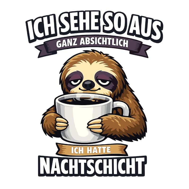 Nachtschicht Faultier Spruch mit Kaffeetasse
