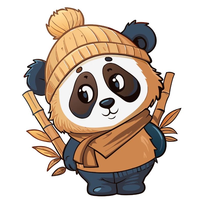 Panda mignon avec écharpe et chapeau à pompon.