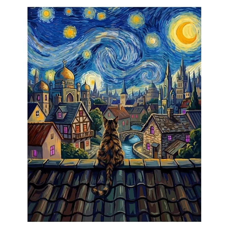 Tabby-Katze Sternennacht-Dorf-Kunst