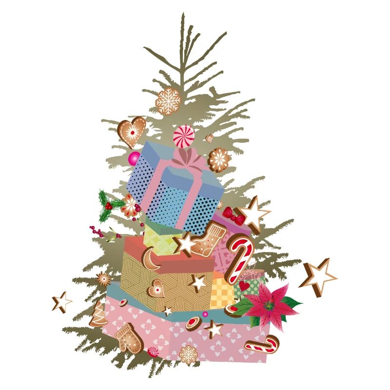 Weihnachtsbaum mit Geschenken und Lebkuchen