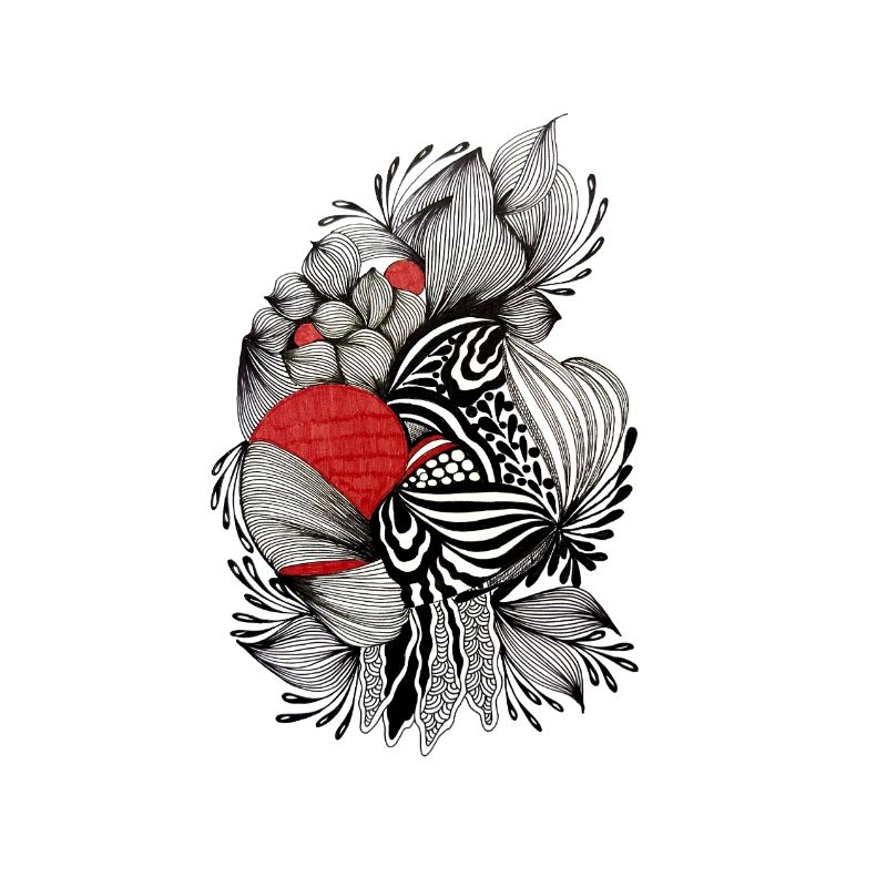 Fleurs noires et blanches avec un accent rouge