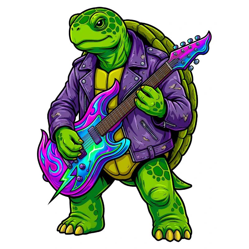 Schildkröte mit Jacke und Neon E-Gitarre
