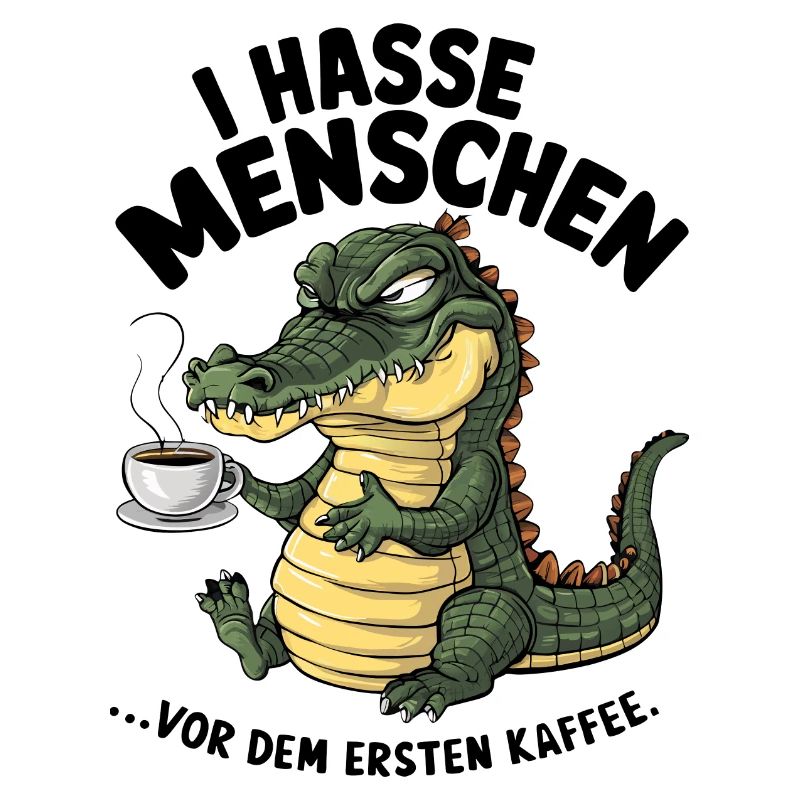 Erst Kaffee grantiges Krokodil mit Kaffeetasse
