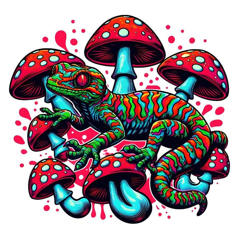 Psychedelischer Gecko mit Pilzen