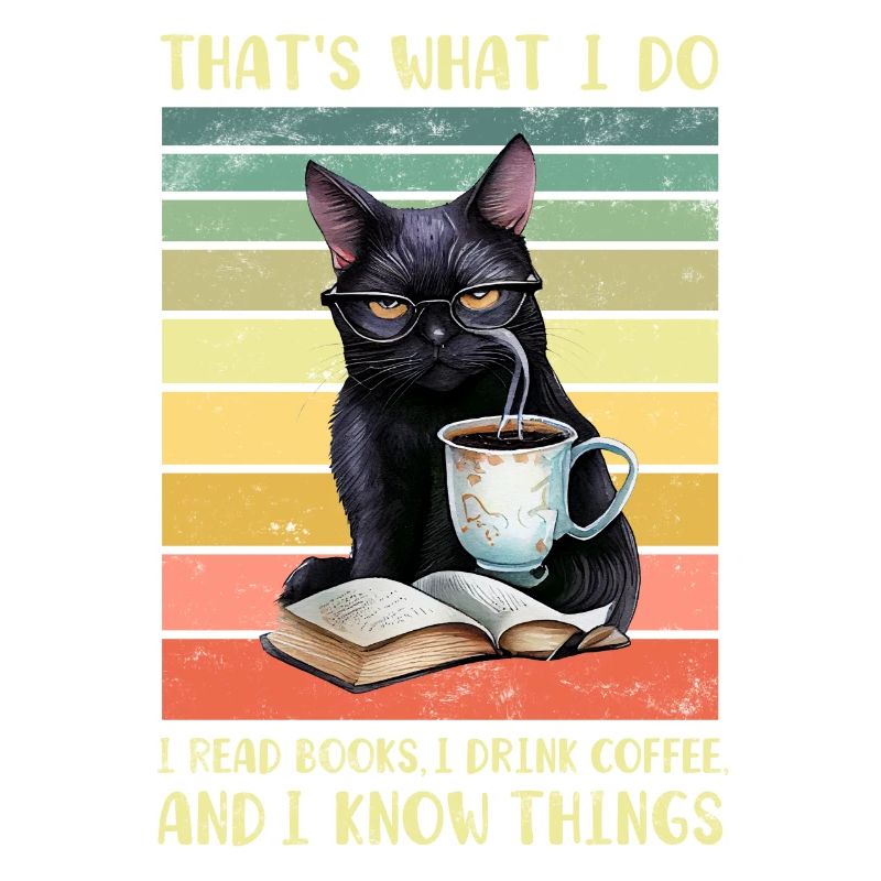Schwarze Katze mit Kaffee und Buch