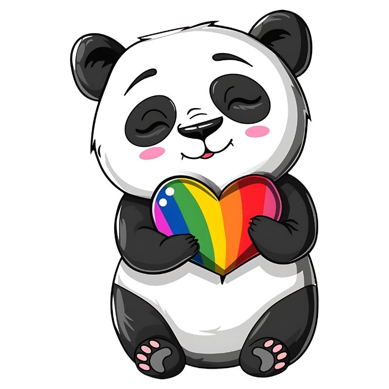 Panda-Karikatur mit einem Pride-Regenbogenherz