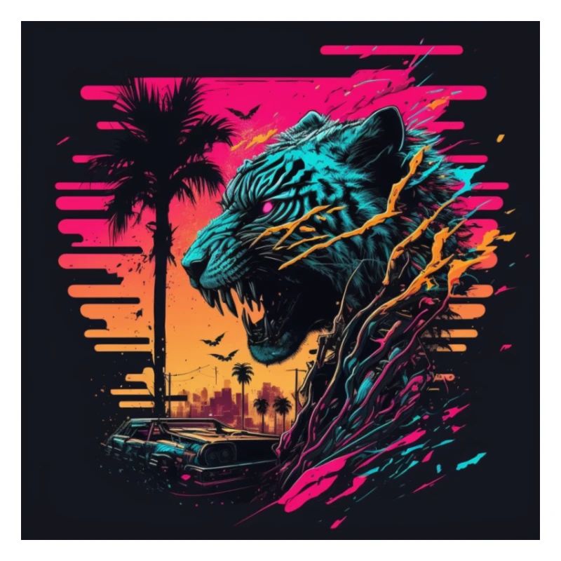 Tiger with neon colors, synthwave / 80s