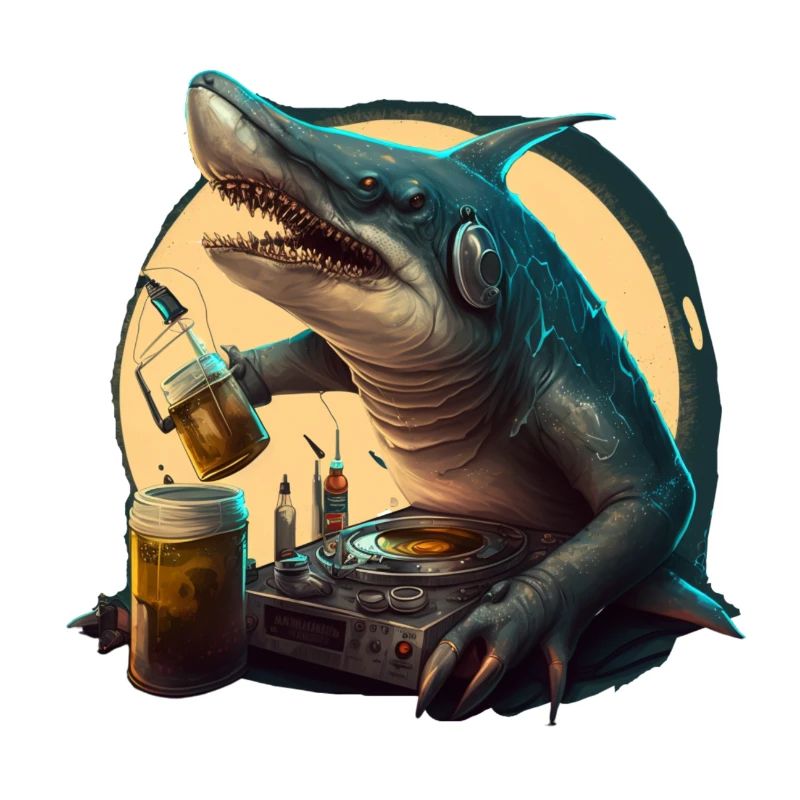 Cooler DJ Hai mit Beats und Bier