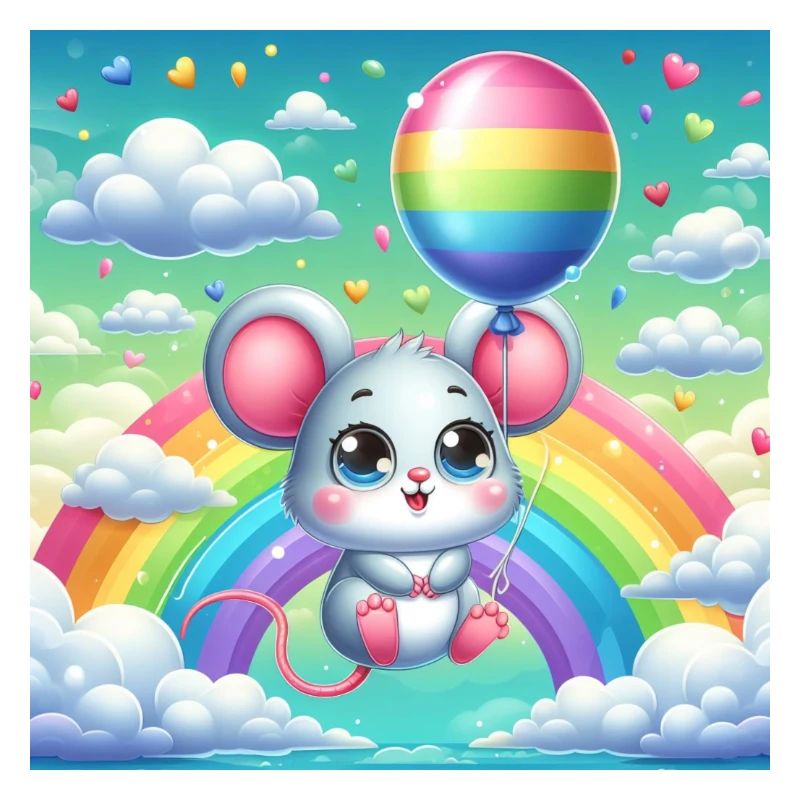 Souris mignonne avec un ballon devant un arc-en-ciel
