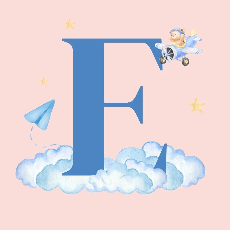 Letter e blue clouds airplane child