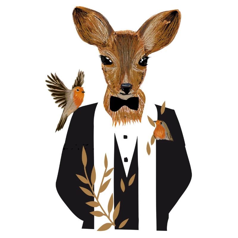 A deer in a black tuxedo