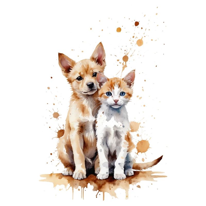 Aquarellfreunde: Ein Welpe und ein Kätzchen