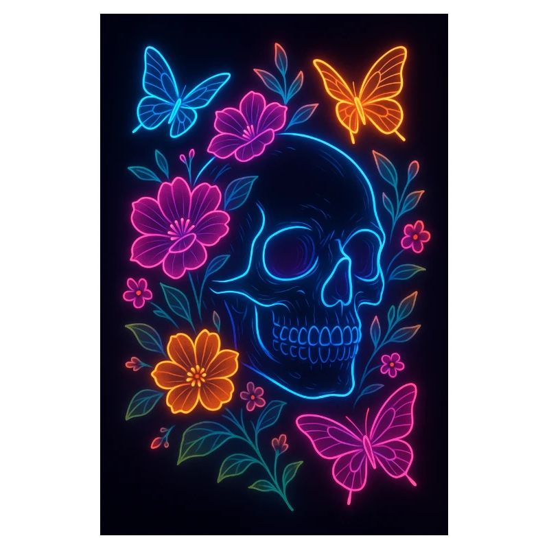 Neon Schädel mit Blumen und Schmetterlingen