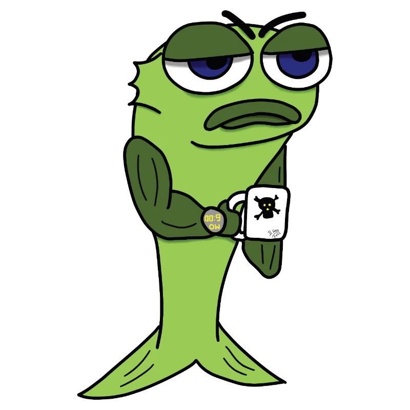 Tired fish with coffee cup