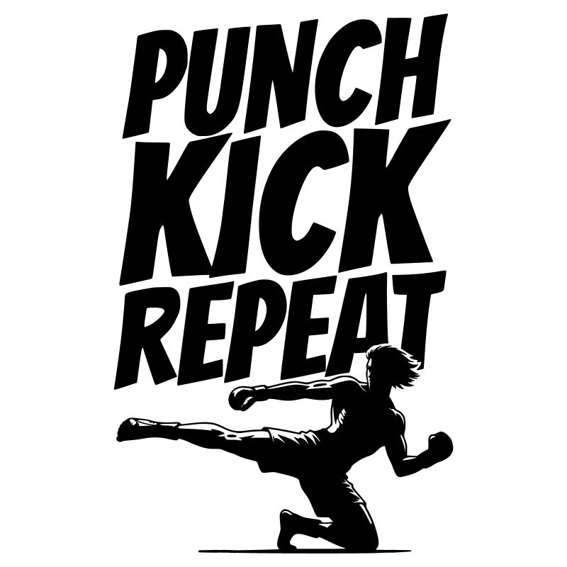 Kickboxer Grafik mit Punch Kick Repeat Text