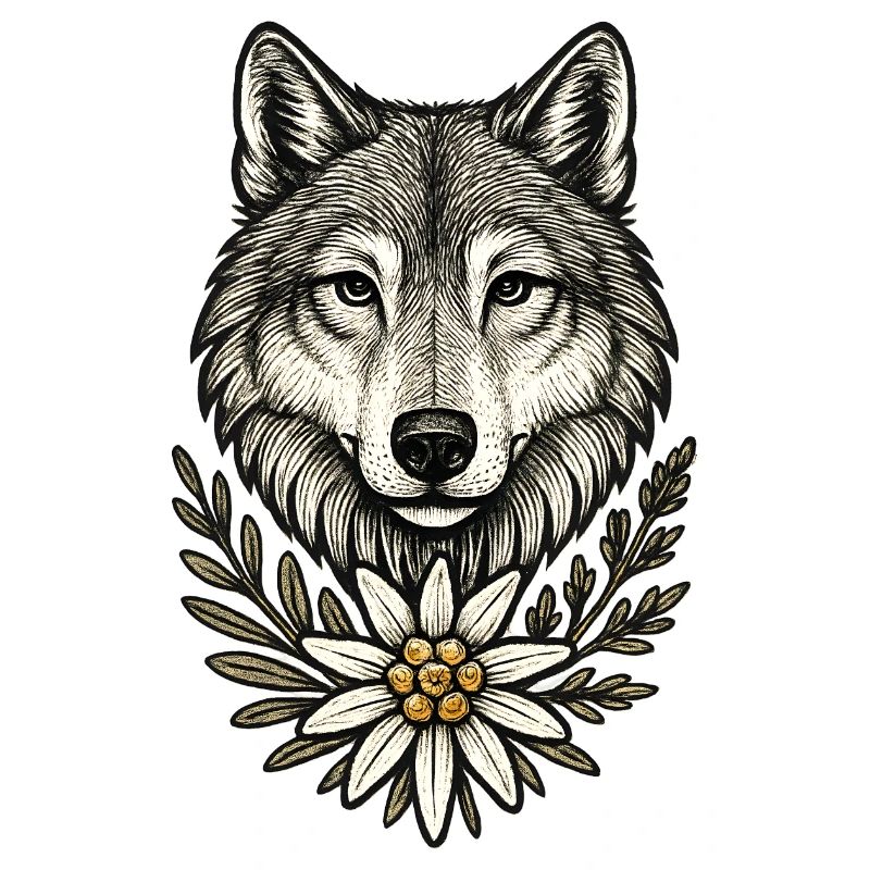Wolfkopf mit Blumenkranz