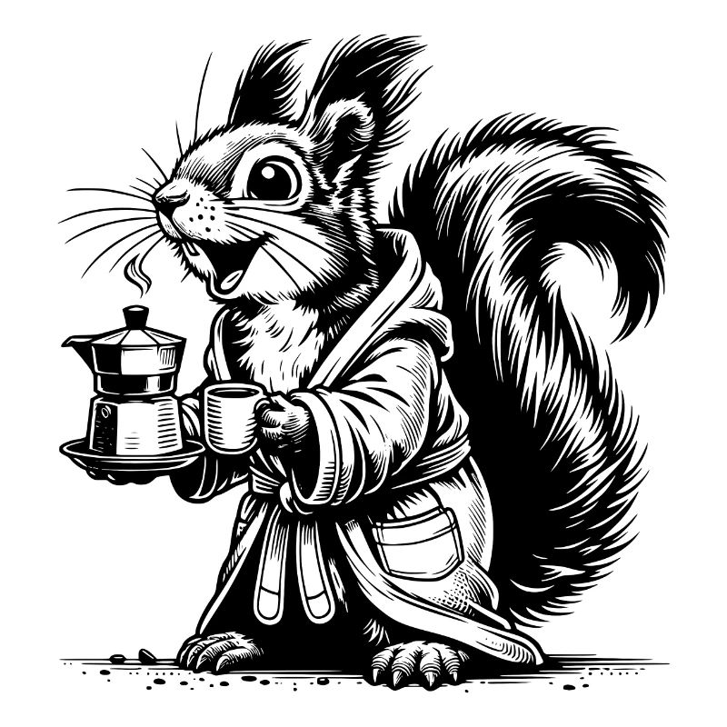 Squirrel with strong coffee in bathrobe