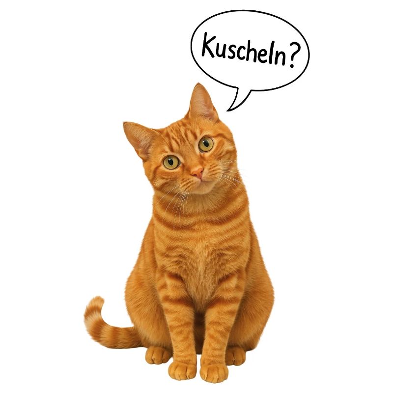 Red cat with tilted head asks: "Cuddle?"