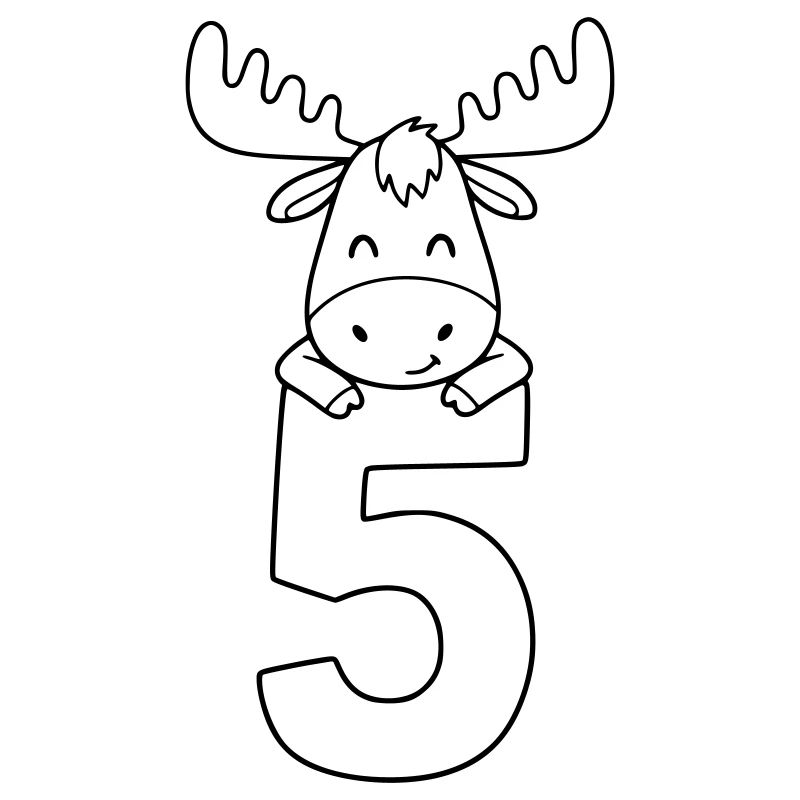Illustration de dessin animé d'un mignon orignal avec le chiffre 5