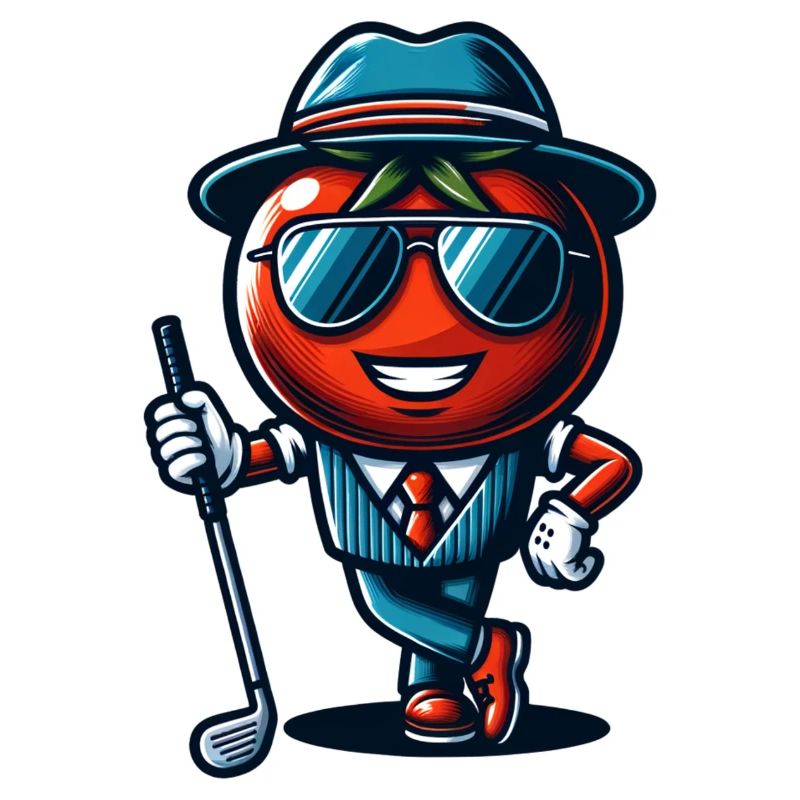Drôle de tomate de golf dans un costume cool avec