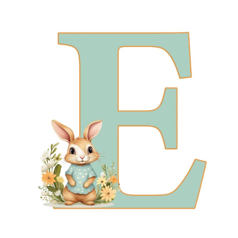Lettre E, Monogramme, Fleurs, Lapin