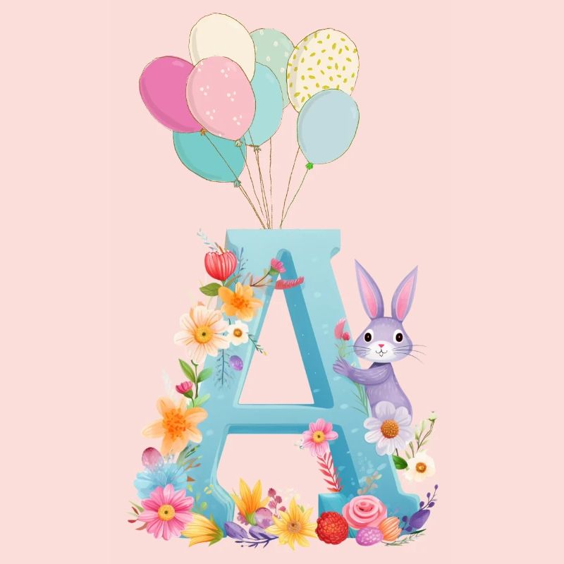 Lettre A, Monogramme, Fleurs, Lapin