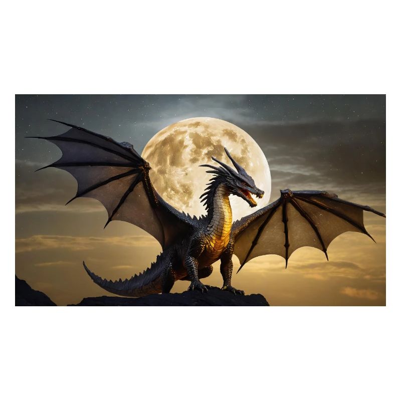 A realistic majestical dark dragon is posing moon