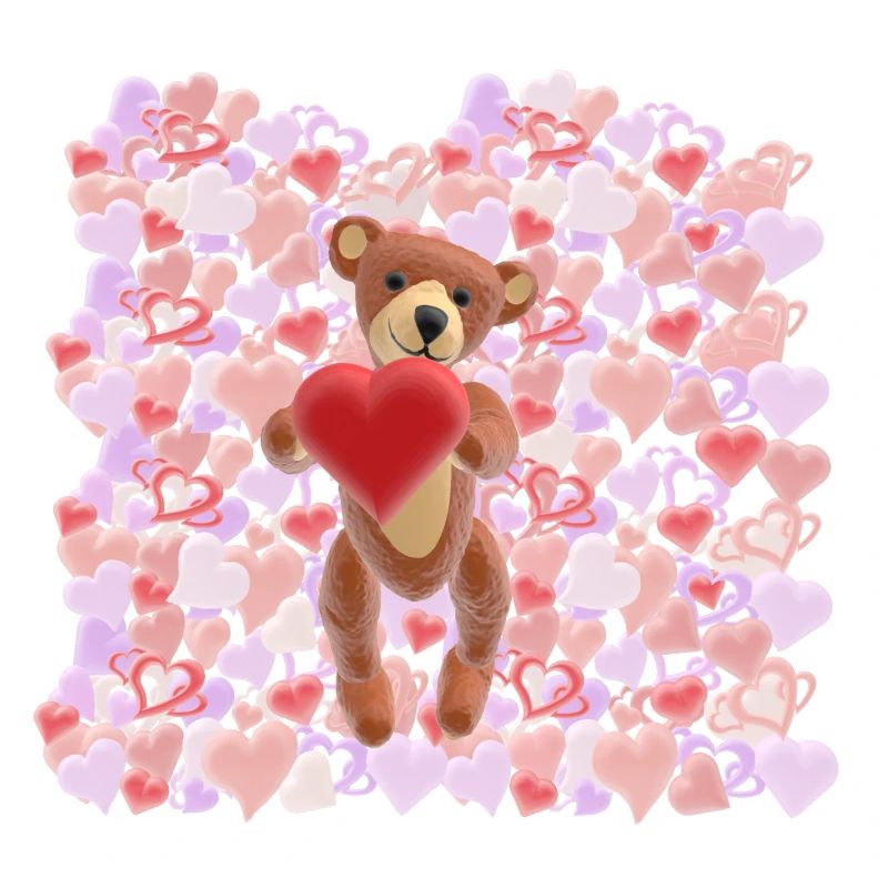 Peluche de la Saint-Valentin avec une mer de cœurs - 3D
