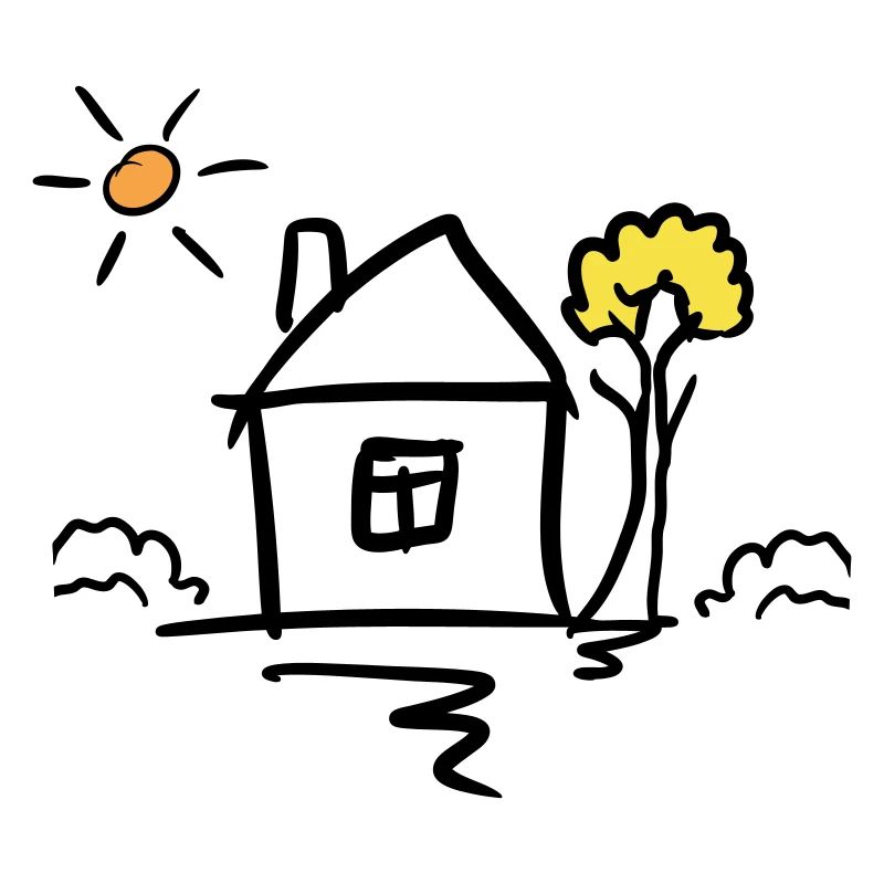 House with tree and sun. Drawing. Hand Drawn