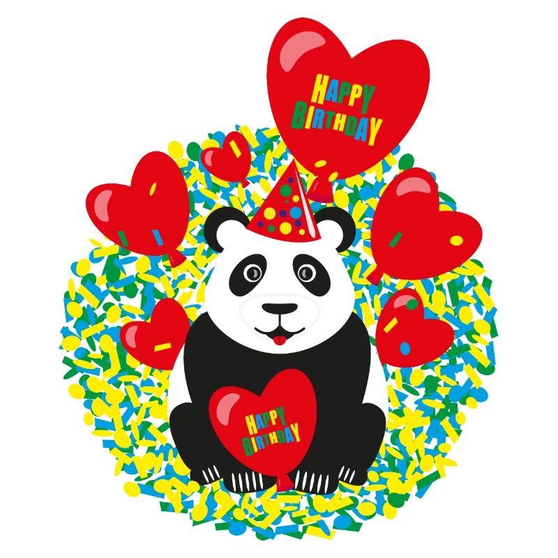 Panda mit roten Luftballons und Konfetti.