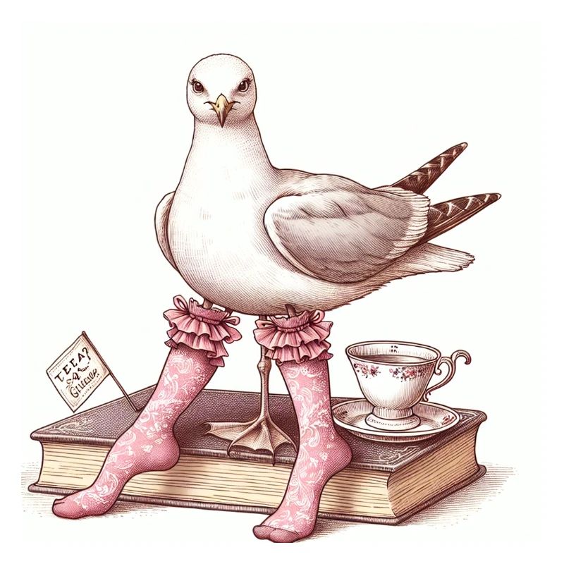 Chic seagull lady having tea with book