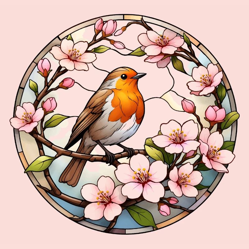 Robin with cherry blossoms spring motif