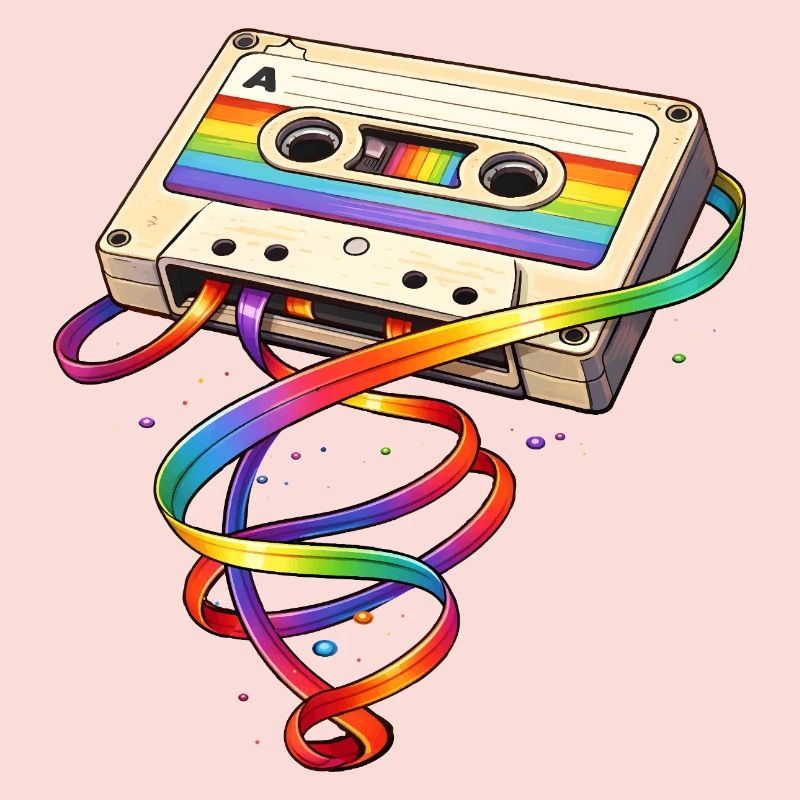 Retro cassette with rainbow ribbon