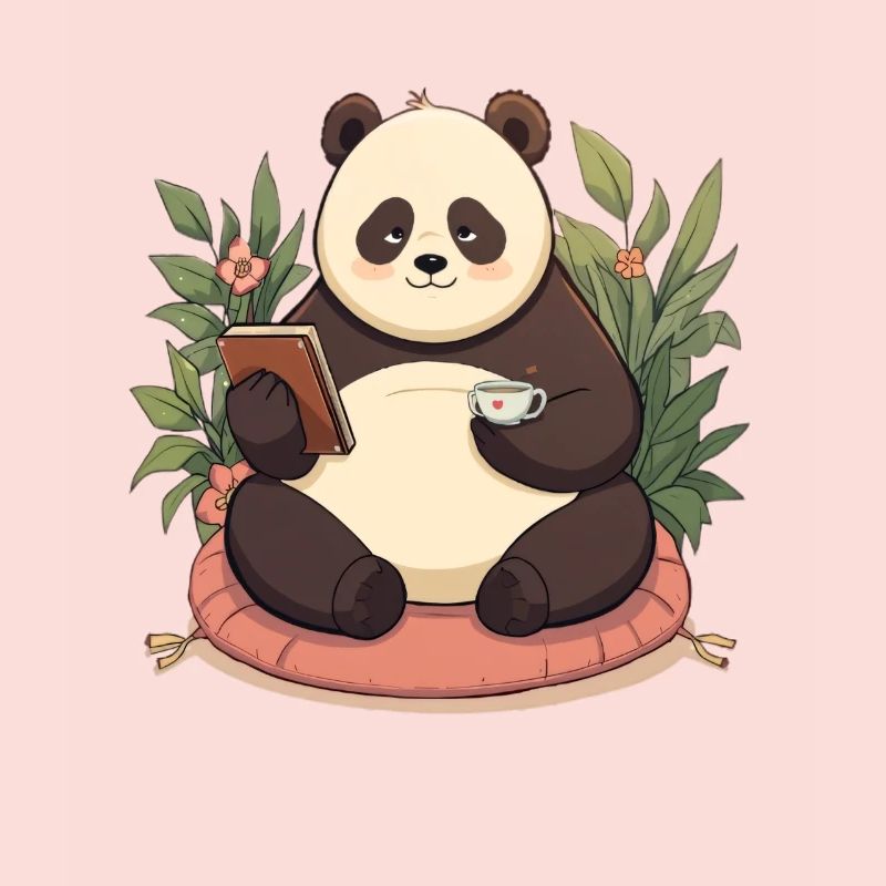 Panda reading with tea