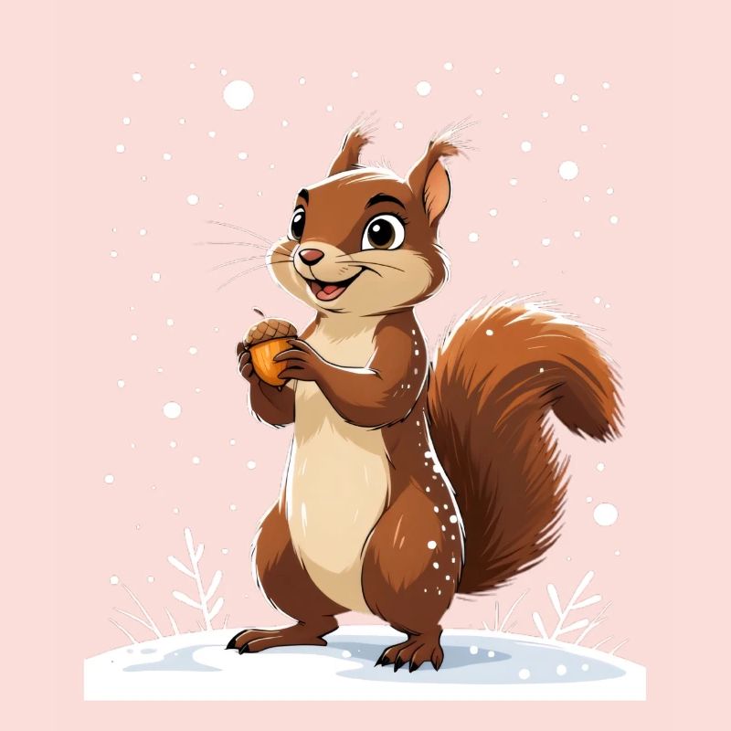 Winterliches Eichhörnchen mit Eichel