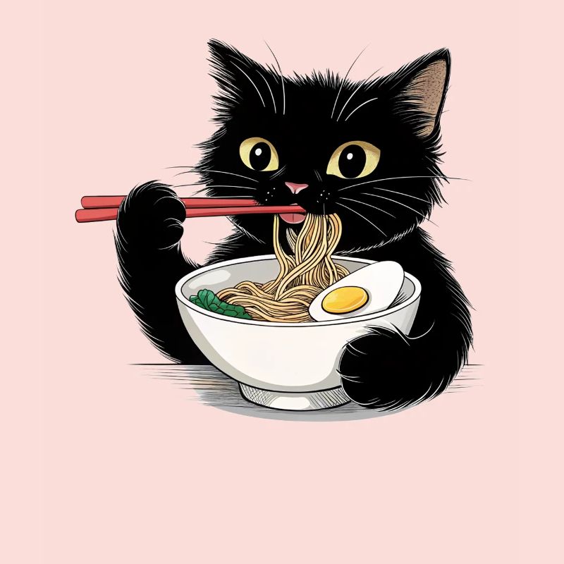 Chat noir mangeant des nouilles ramen