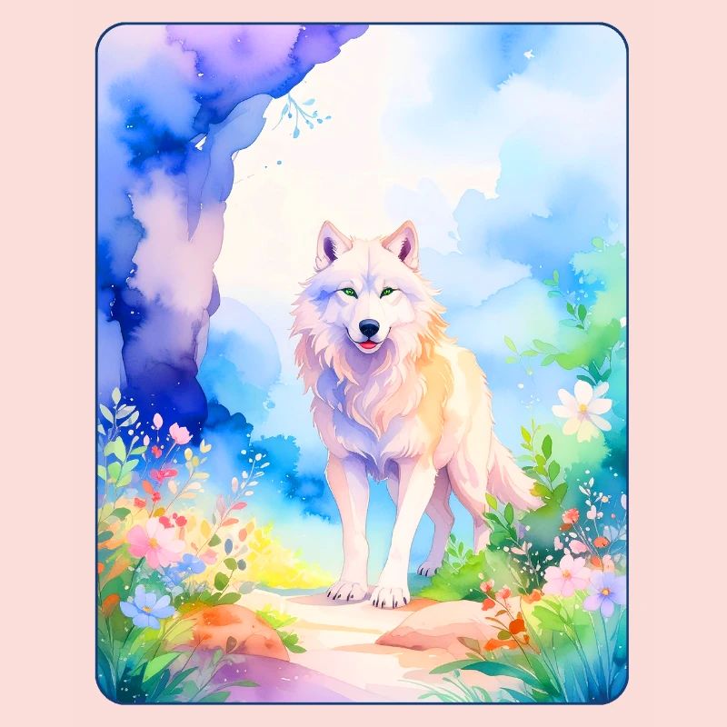 White wolf surrounded by flowers
