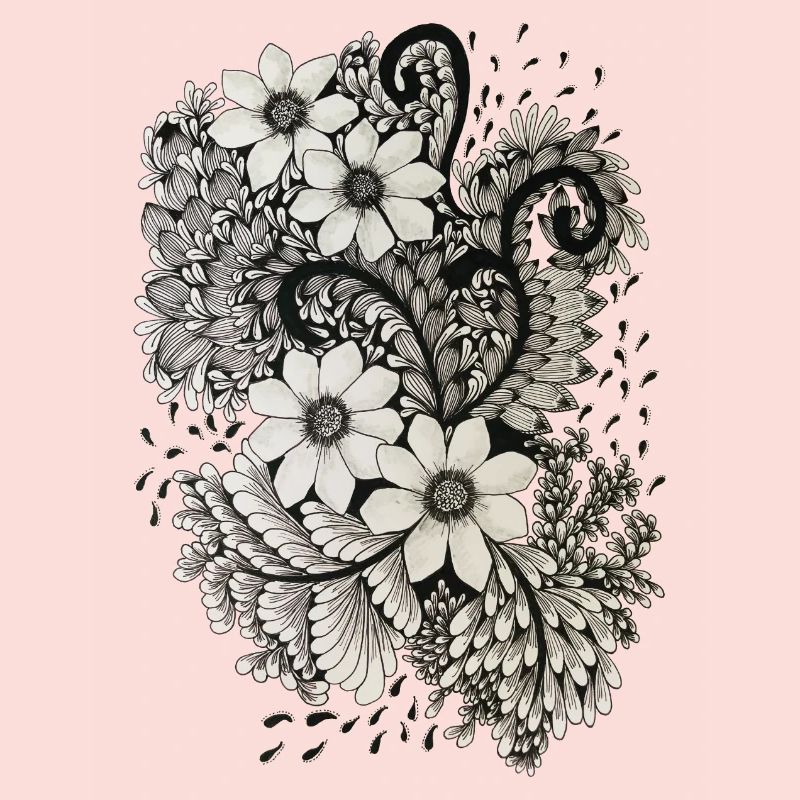 Tourbillons de fleurs noires et blanches