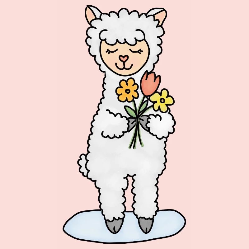 Alpaka mit Blumenstrauß