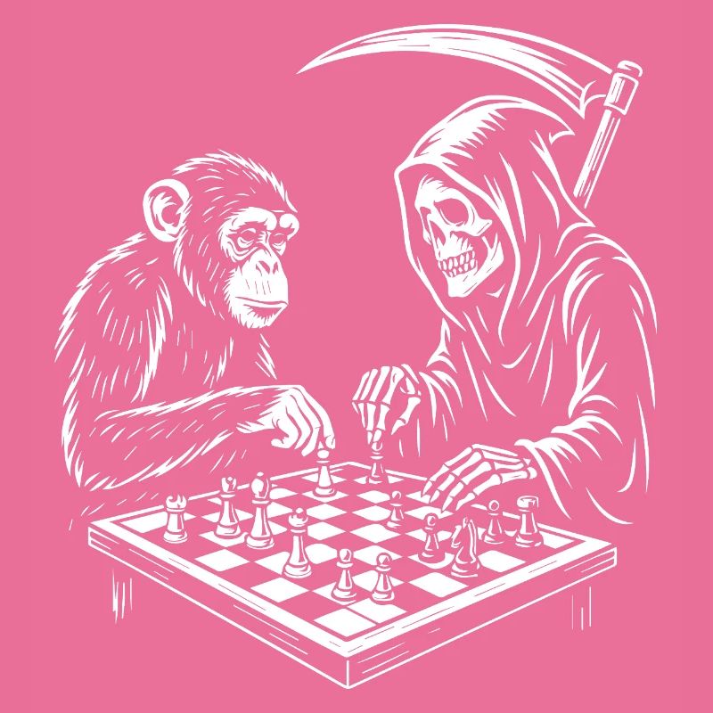 Sensenmann spielt Schach mit Schimpansen