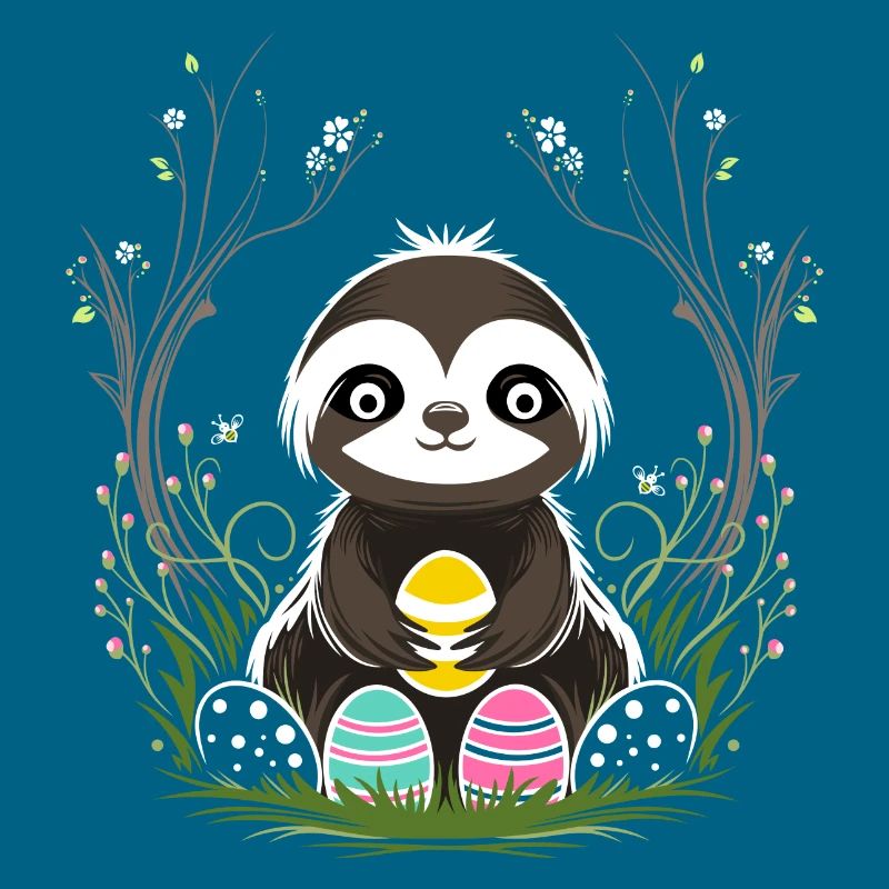 Easter Sloth with Easter Eggs in Spring