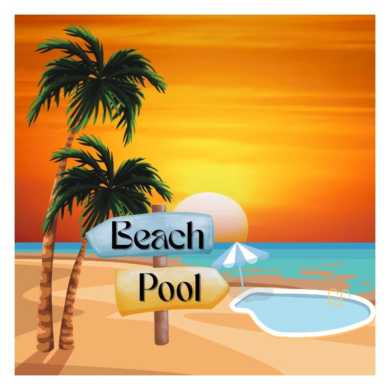 Plage tropicale avec piscine et coucher de soleil