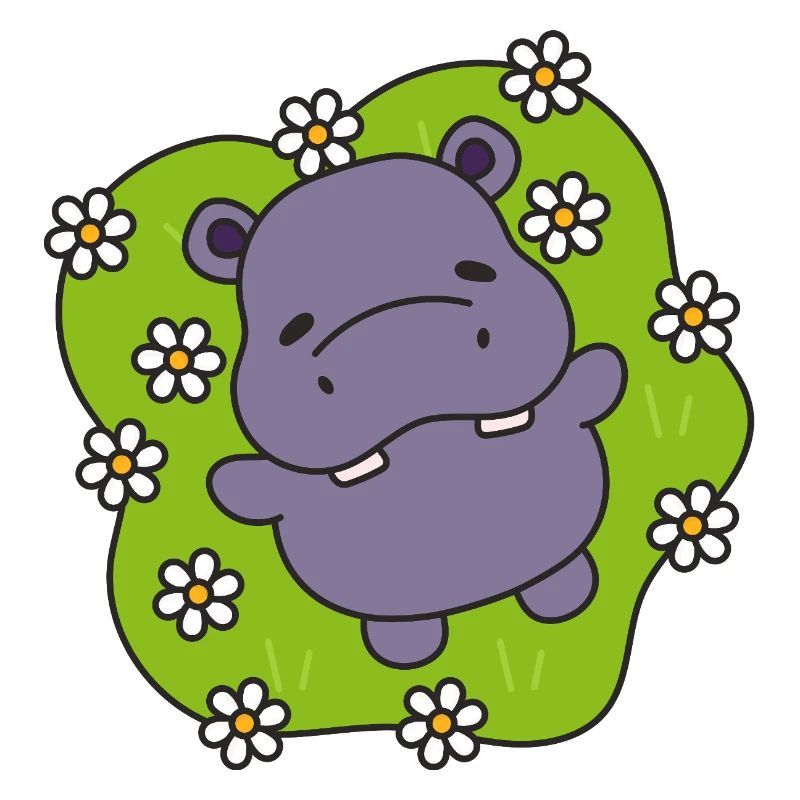 Hippo violet sur gazon fleuri