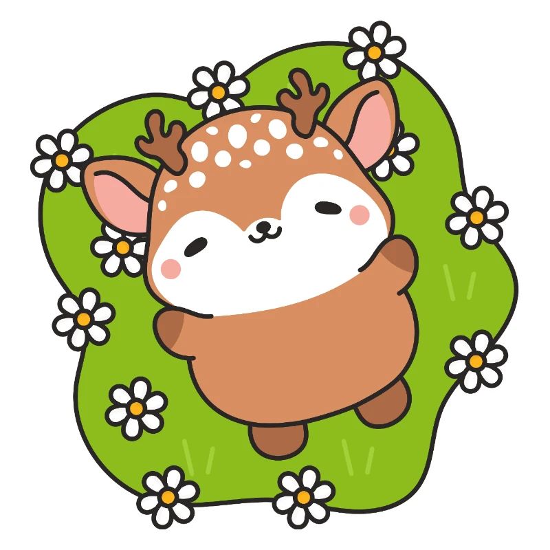 Cerf Mignon en Fleurs sur Gazon Vert