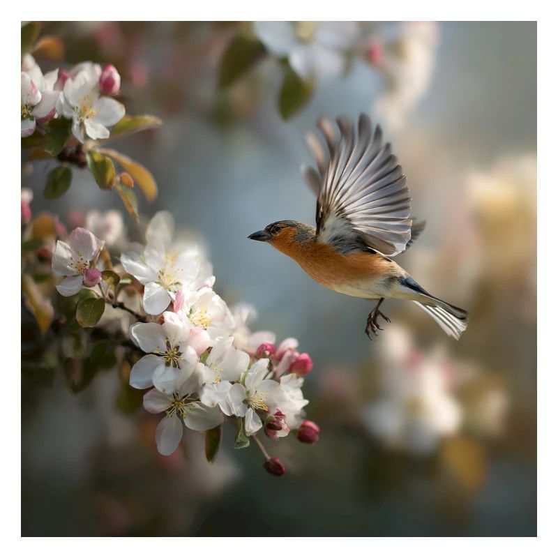 Spring sparrow in blossom flight